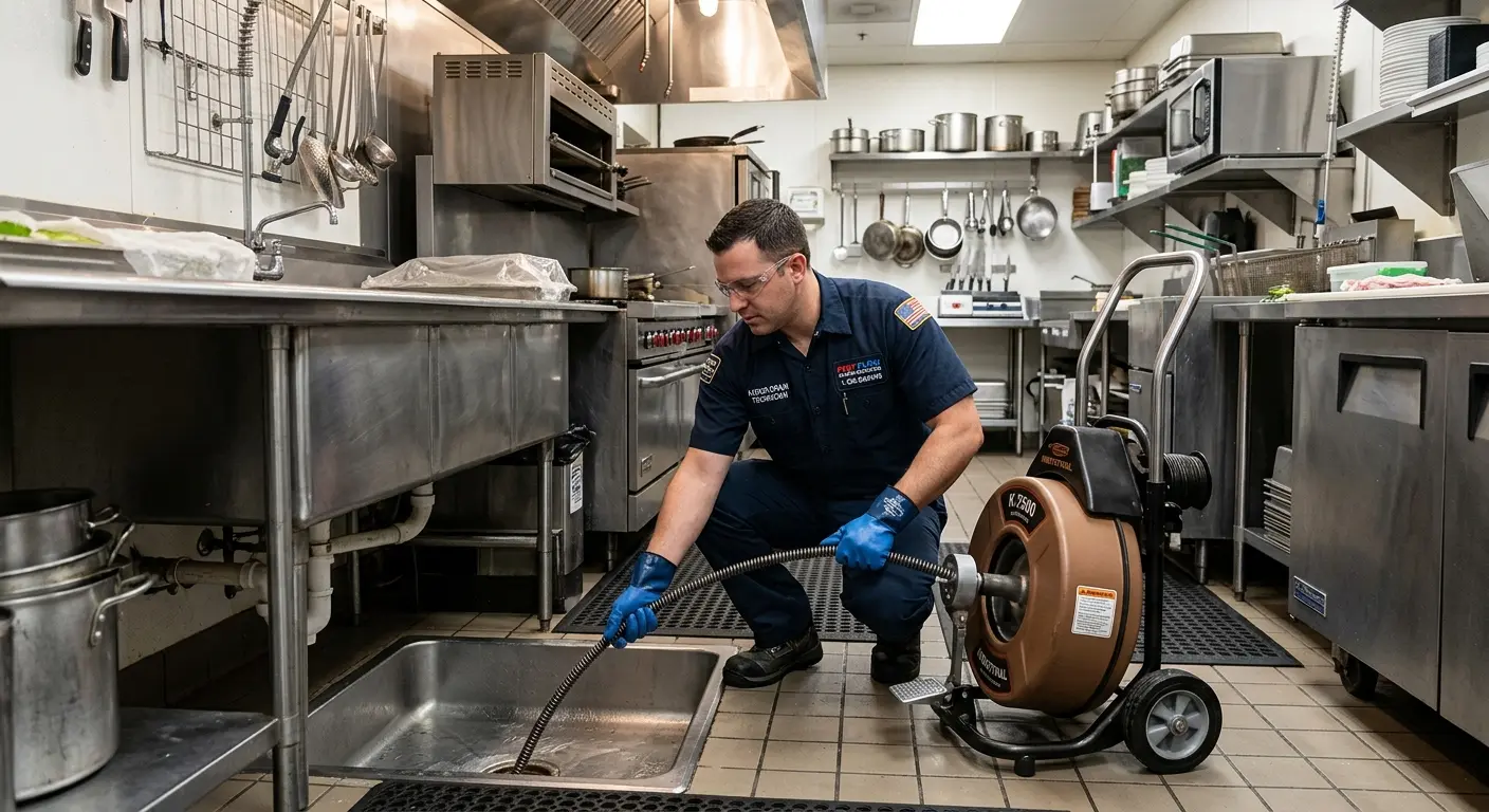 Commercial drain cleaning service in a restaurant kitchen in Beckley
