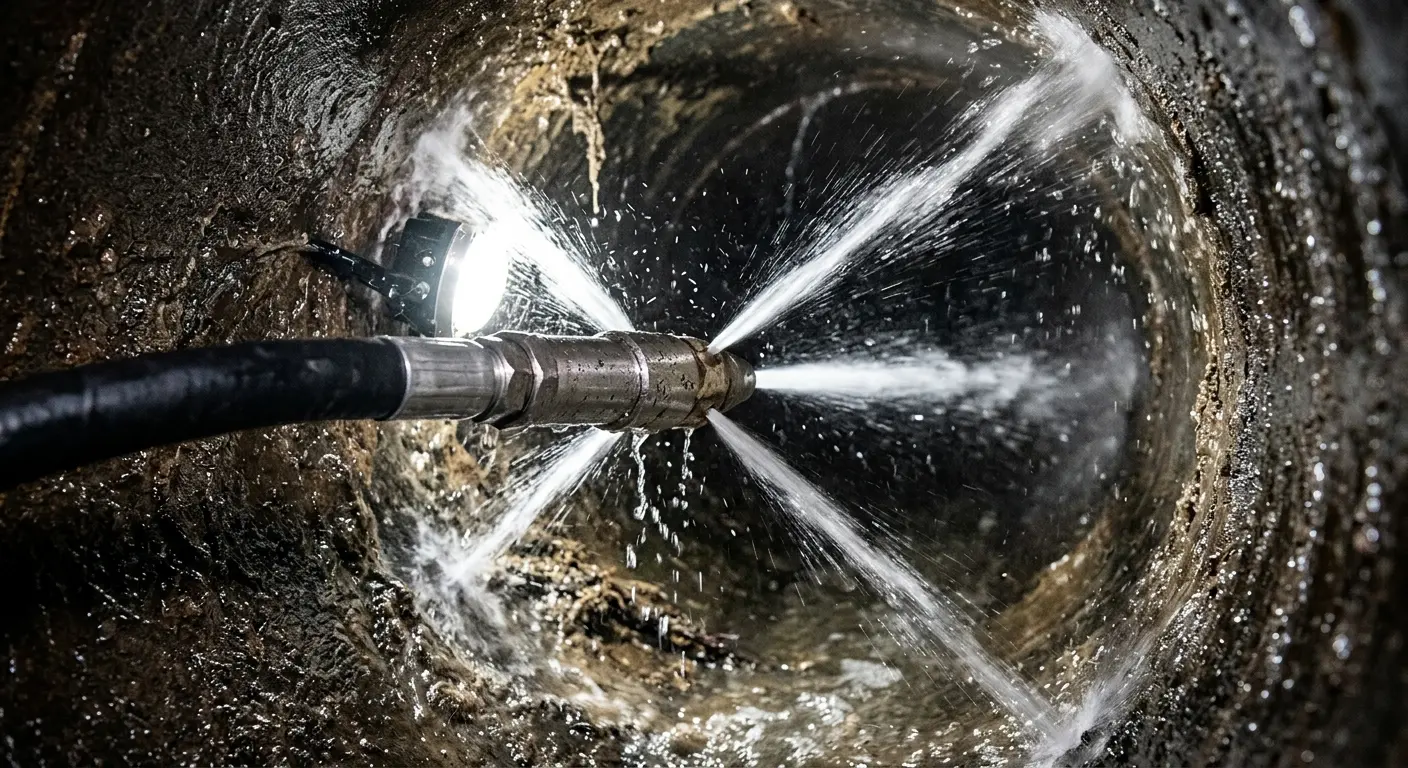 High-pressure hydro jetting nozzle cleaning sewer pipe for Sewer Cleanout in Beckley