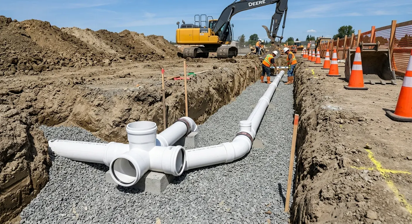New PVC sewer pipe installation in open trench for Sewer Backup in Beckley