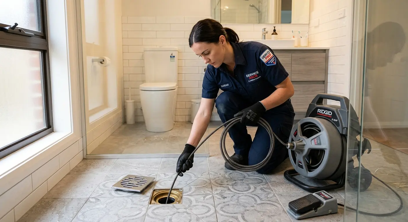 Technician clearing a bathroom floor drain for Drain Cleaning in Beckley